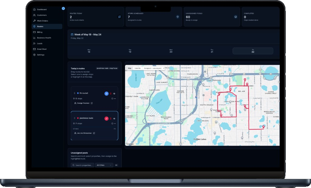 PoolHyve desktop app showing route planning, technician assignment, and map-based route sequencing.