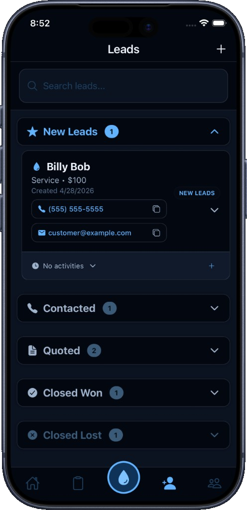 PoolHyve mobile app showing lead stages, contact details, and quick field actions.